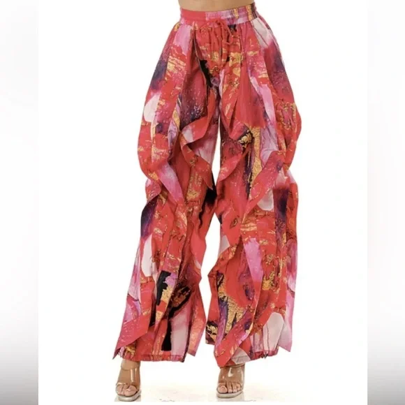 Ruffle Wavy RED ABSTRACT print Women's Pants - Picture 5 of 13
